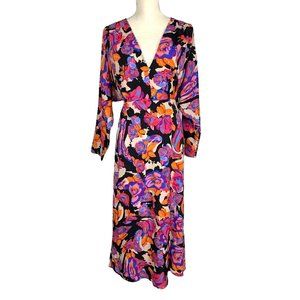 NWT Topshop Black Multicolor Long Sleeve Belted V Neck Full Length Dress Size 12